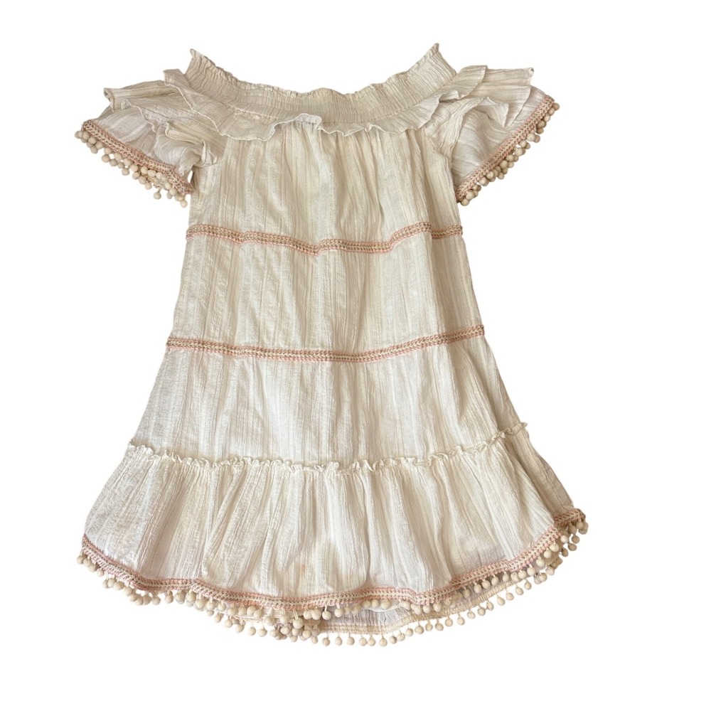 MISA Los Angeles Mini Dress Women White Boho Pom Pom Off Shoulder SIZE XS